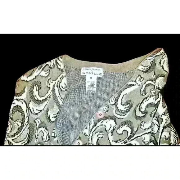 SAVILLE - RENA ROWAN Woman's SAGE GREEN w/IVORY Print Cardigan Tunic Sweater Sm - Picture 4 of 4